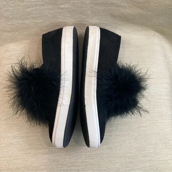 STEVE MADDEN Sz 7.5 Emily Black Suede Feather Pom Pom  Slip On Sneakers Shoes - Picture 8 of 12